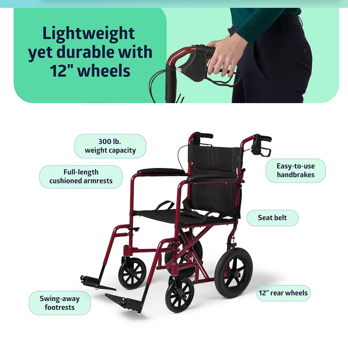 1 Lightweight Foldable Transport Wheelchair with Handbrakes and 12