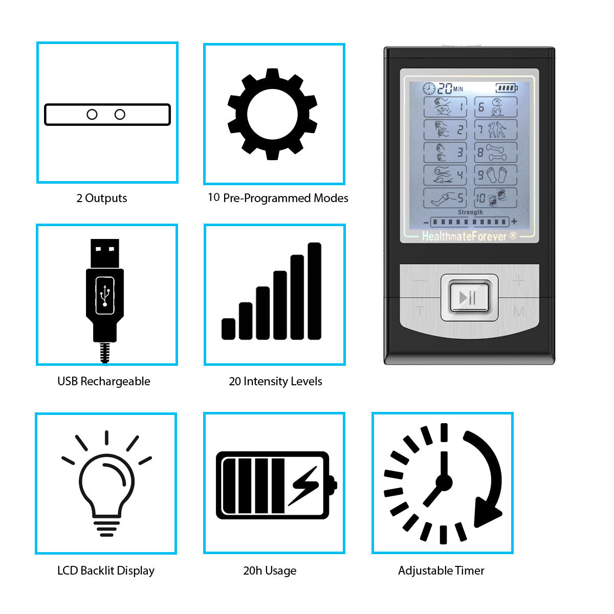 2nd Edition HealthmateForever NK10GL Silver 10 Modes Best Muscle Stimulator  tens EMS nmes Unit Machines Electric