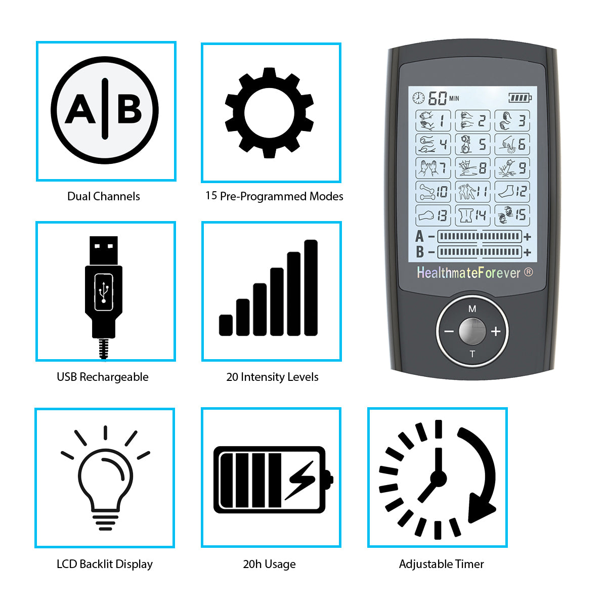 Brilnurse 4 Channels TENS Unit Muscle Stimulator with 16 Electrode Pads, 24  Modes 20 Levels Intensity Rechargeable TENS Machine Pain Relief Therapy