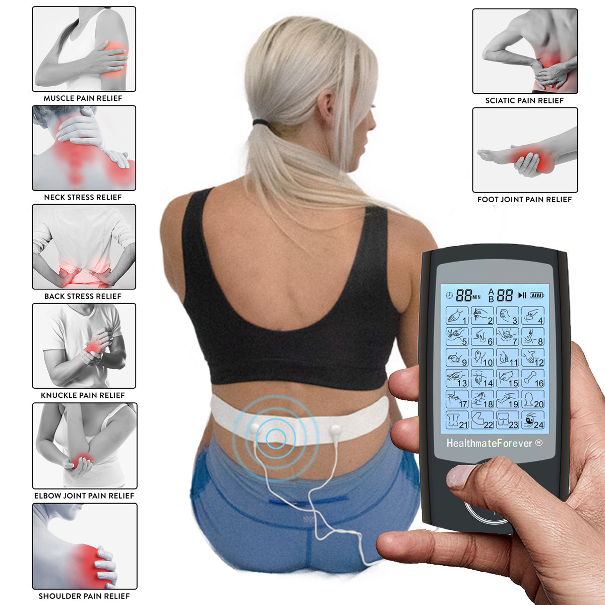 TENS Unit 24 Massage Modes Muscle Stimulator for Back, Neck, Knee Pain,  Electronic TENS Machine for Sciatica Lower Back Pain Relief with 8 Pcs  Electrode Pads 