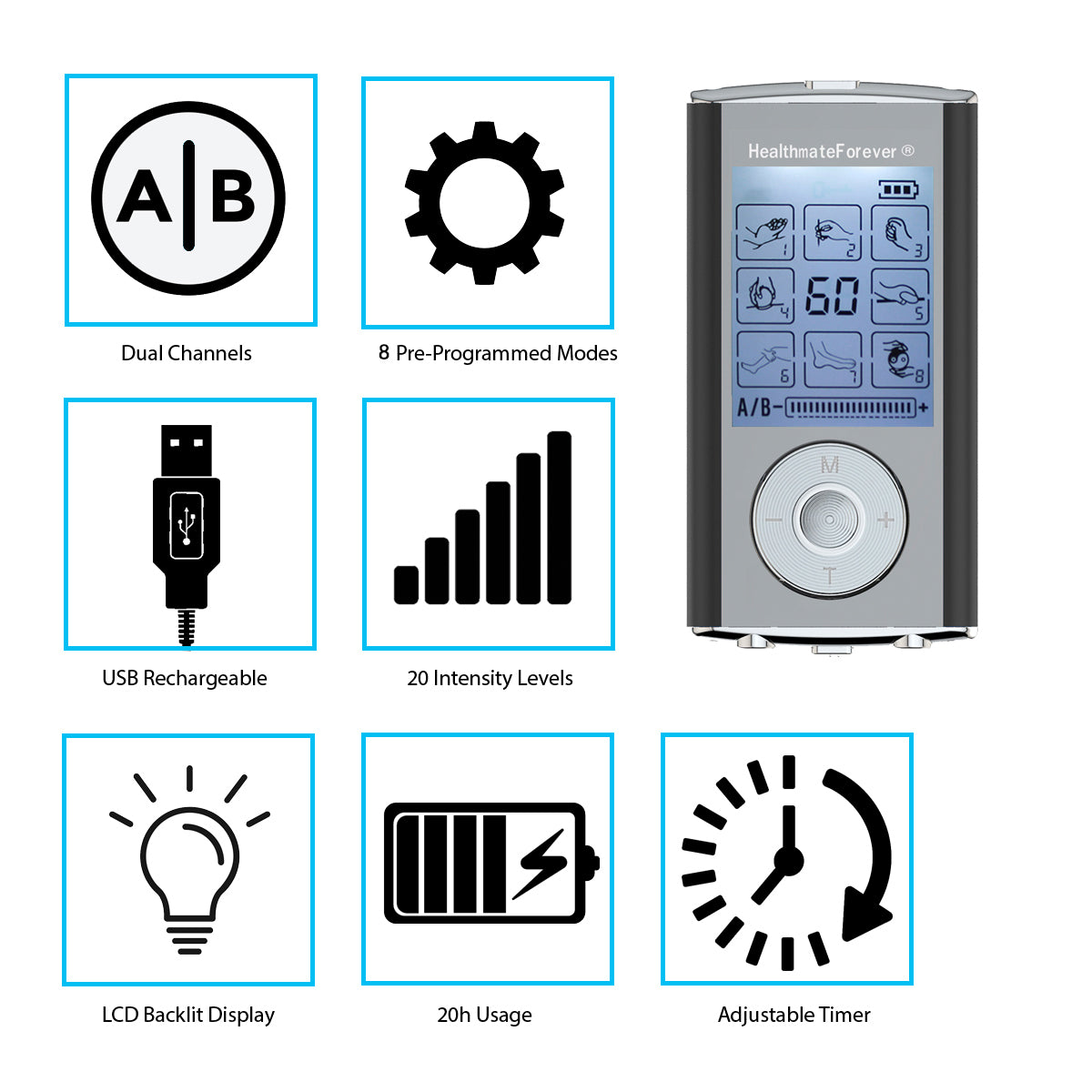 HM8AB TENS Unit & Muscle Stimulator, two independent AB channels like 2in1 machine - HealthmateForever.com