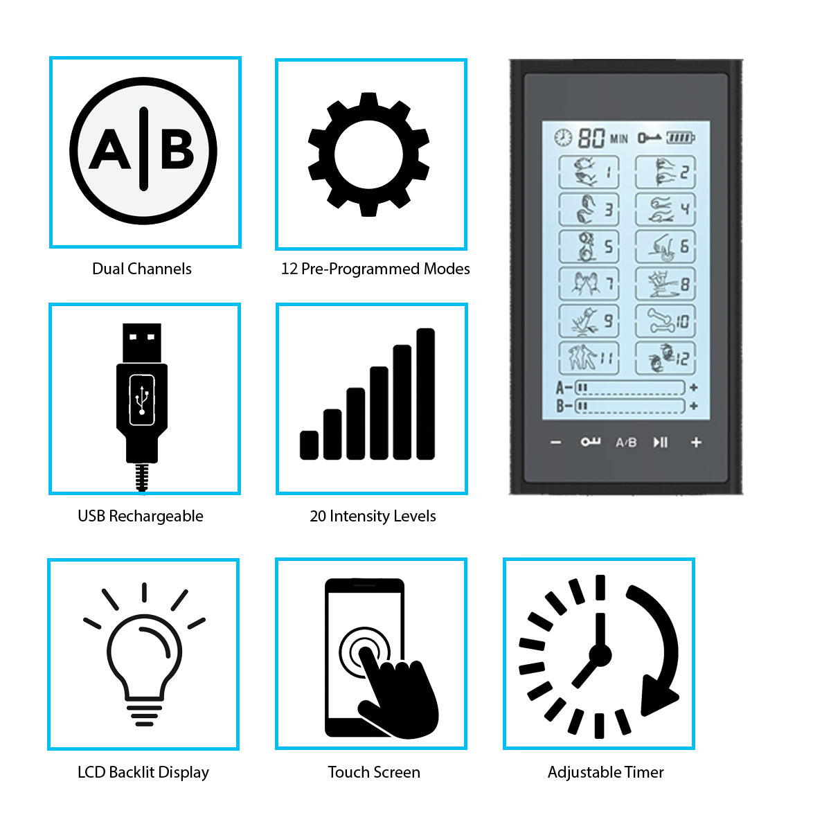 Touch Screen T12AB2 TENS Unit & Muscle Stimulator - 2 Year Warranty - HealthmateForever.com